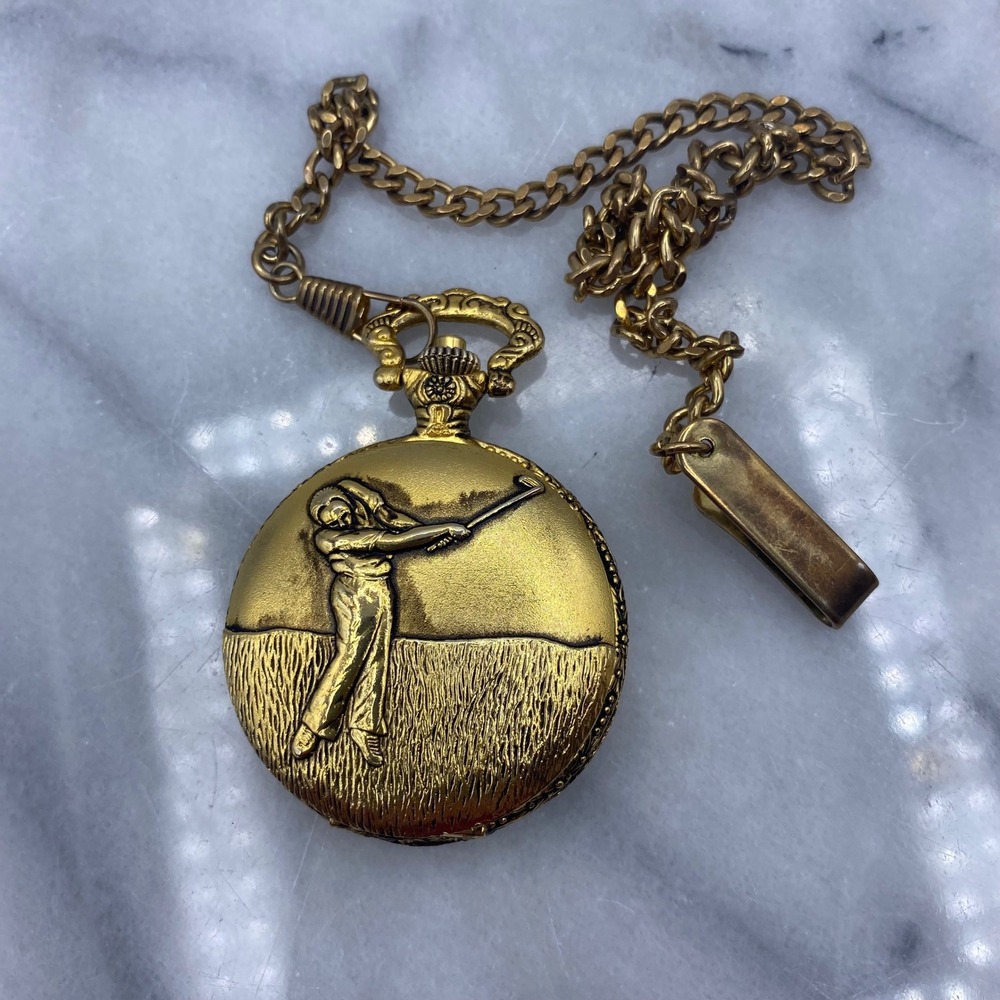 Milan Mens Pocket Watch‎ Gold Golfer Relief Quartz Hunter Case Chain Clip Club
